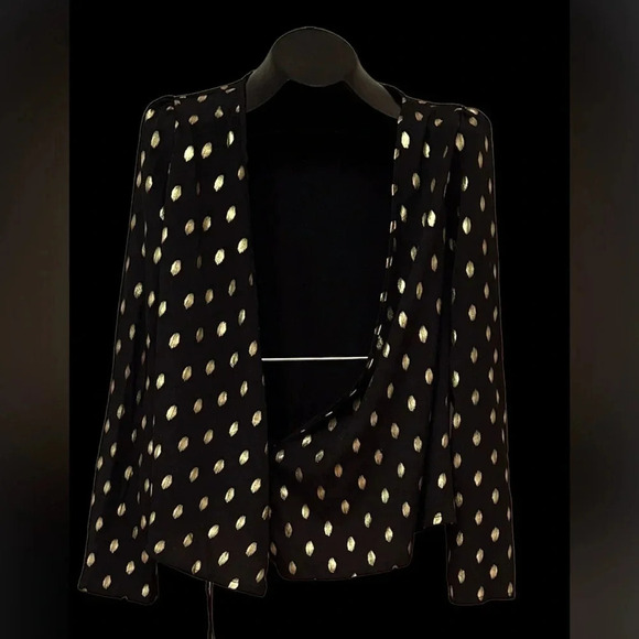 SHEIN Black Golden Dot Bow Wrap Blouse Sz Large - Picture 1 of 12